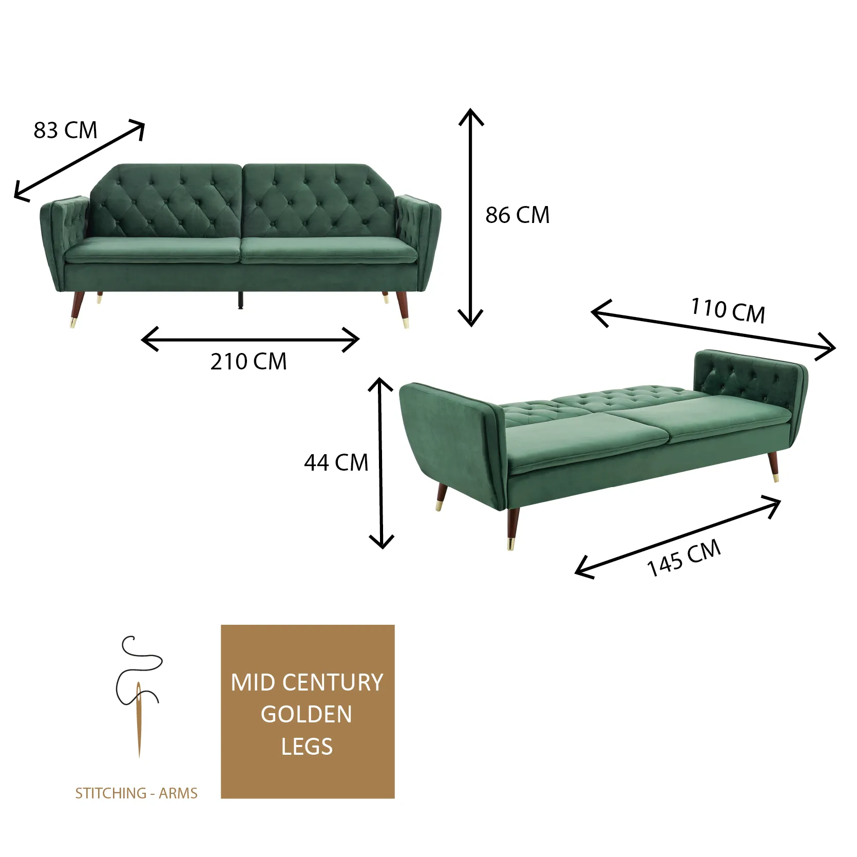 Victoria 3 Seater Velvet Click Clack Sofa Bed  - Green