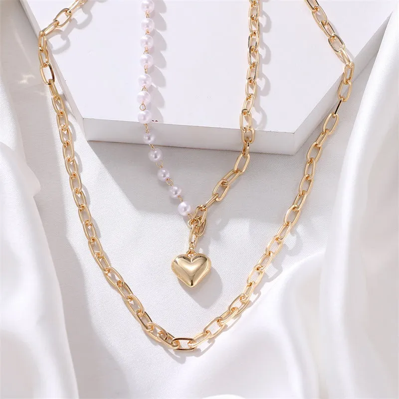 XN018 - Simple multi-layer pearl chain heart pendant