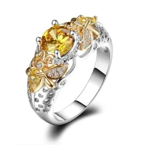 Yellow Citrine Bee Ring - 925 Sterling Silver