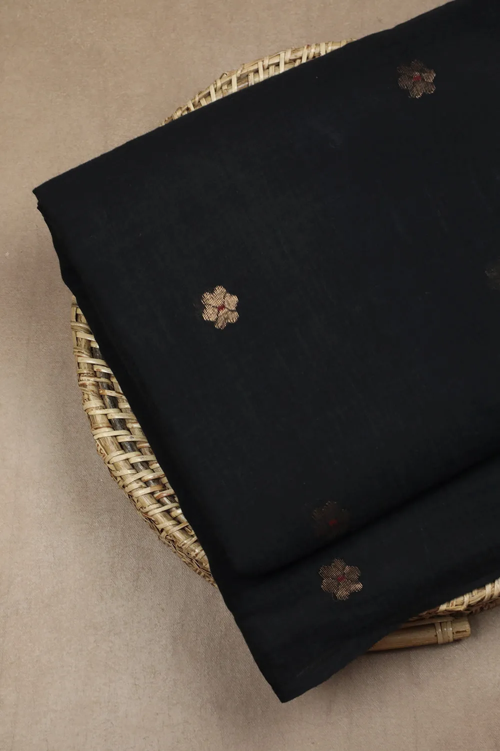 Zari Butta on Black Jamdani Cotton Fabric - 0.5m