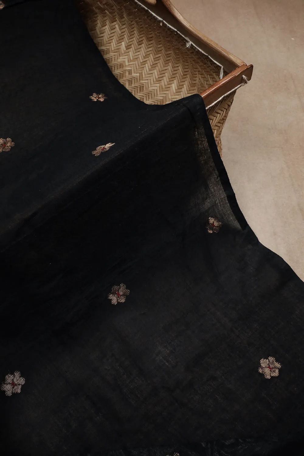 Zari Butta on Black Jamdani Cotton Fabric - 0.5m